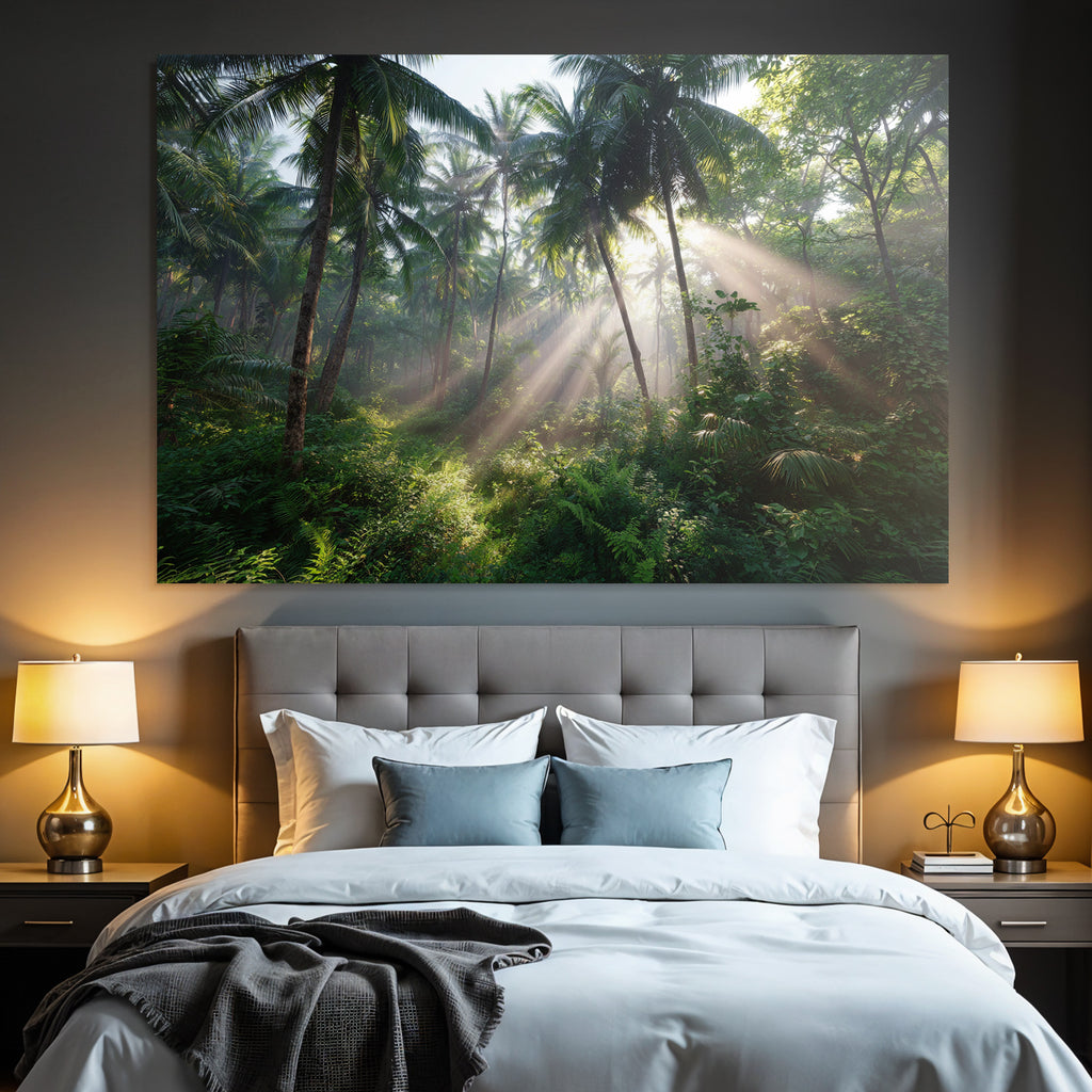 Tropics and Jungle Tropical Forest with Palm Trees and Rays of Light