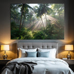 Tropics and Jungle Tropical Forest with Palm Trees and Rays of Light