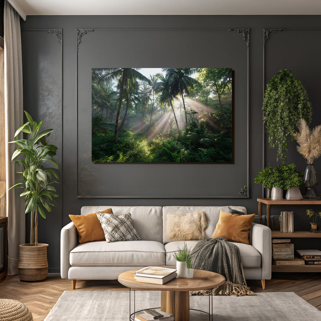 Tropics and Jungle Tropical Forest with Palm Trees and Rays of Light