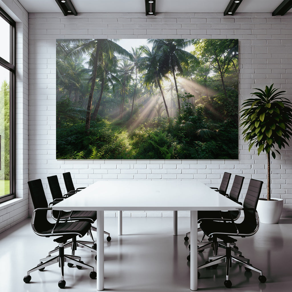 Tropics and Jungle Tropical Forest with Palm Trees and Rays of Light