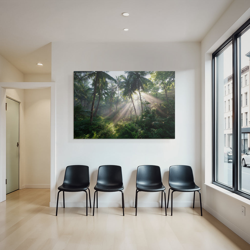 Tropics and Jungle Tropical Forest with Palm Trees and Rays of Light