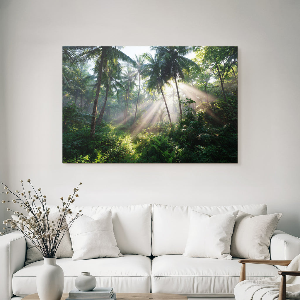 Tropics and Jungle Tropical Forest with Palm Trees and Rays of Light
