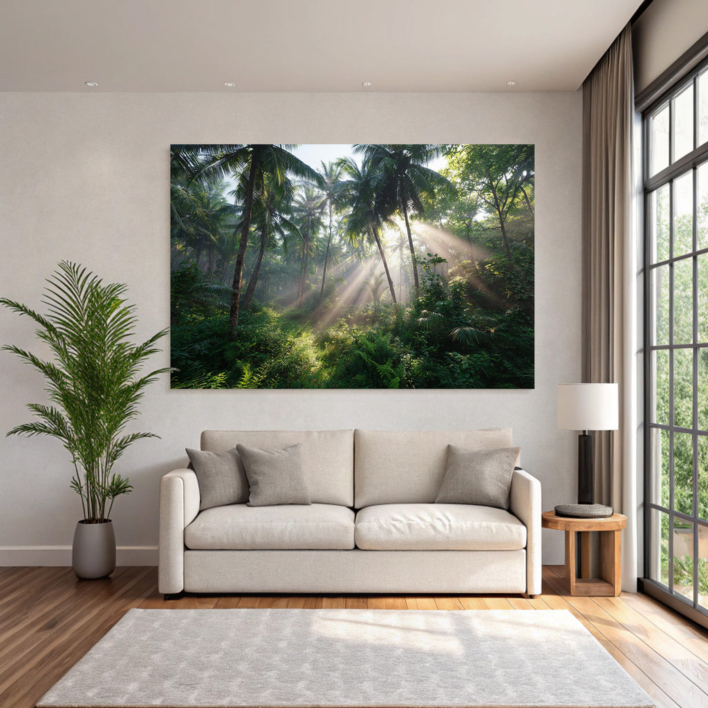 Tropics and Jungle Tropical Forest with Palm Trees and Rays of Light