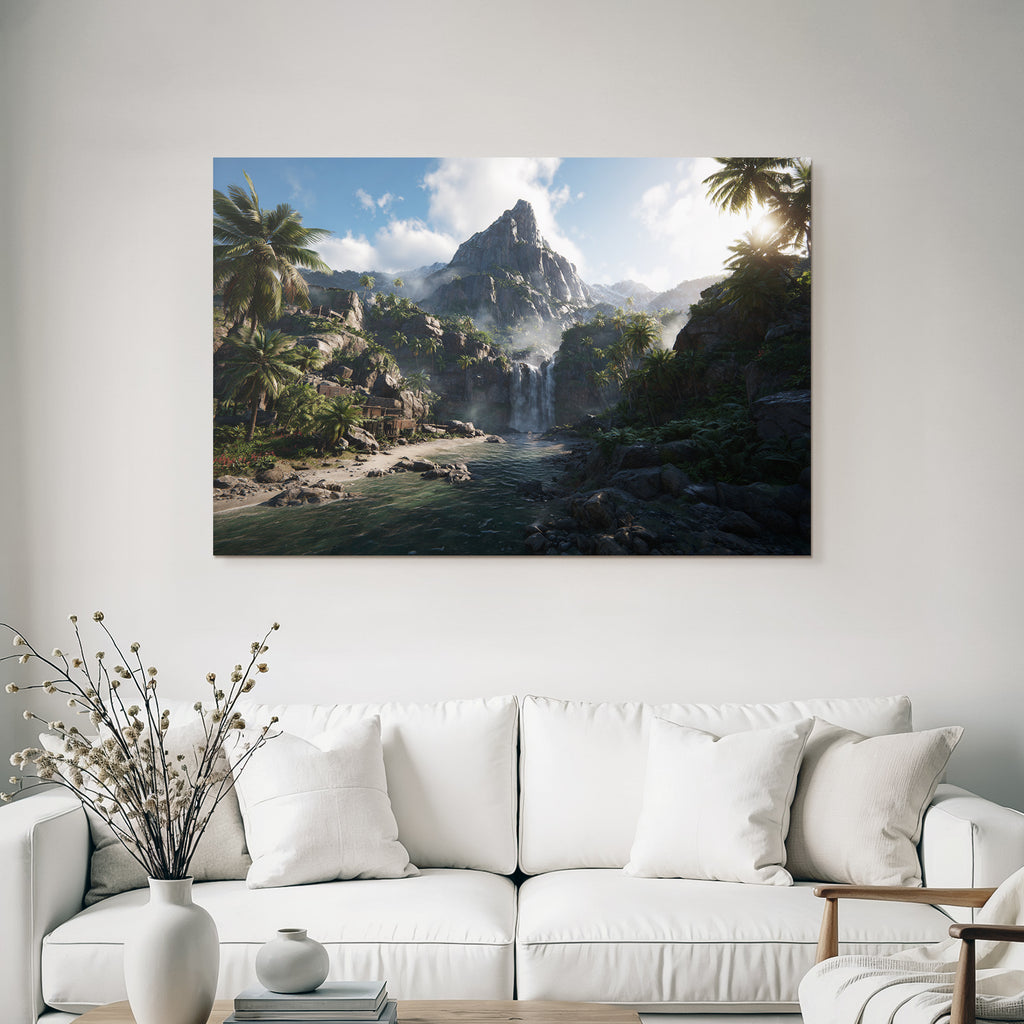Tropen Und Dschungel Wasserfall In Tropischer Landschaft Mit Bergen Und Fluss