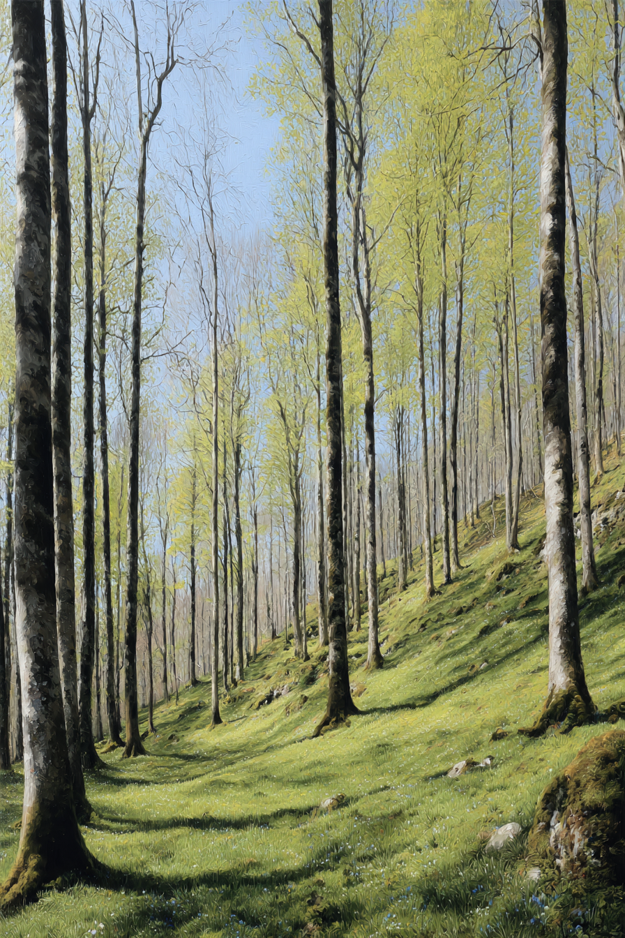 Wälder Und Wiesen Friedlicher Wald Mit Bäumen Und Blaün Blumen Frühling | Waelder und Wiesen | Landschaften