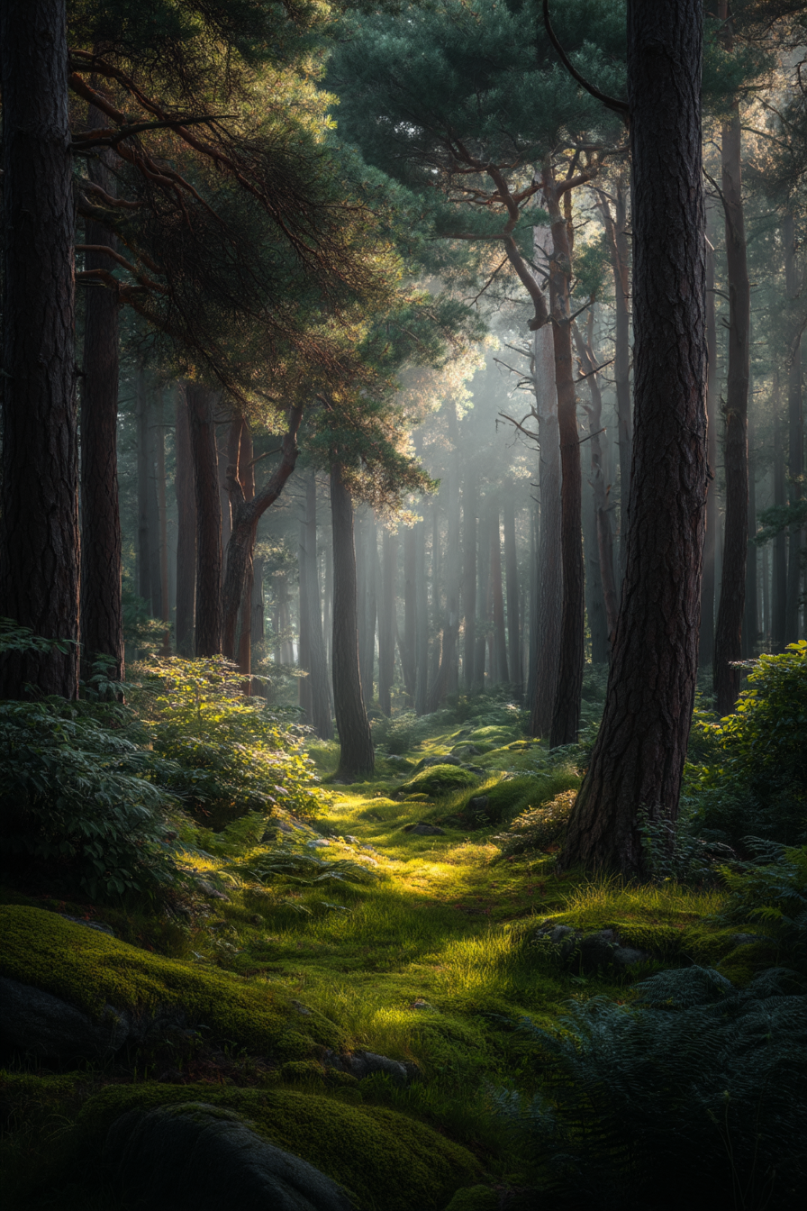 Wälder Und Wiesen Friedlicher Wald Mit Sonnenlicht Und Moos Bedecktem Boden | Waelder und Wiesen | Landschaften