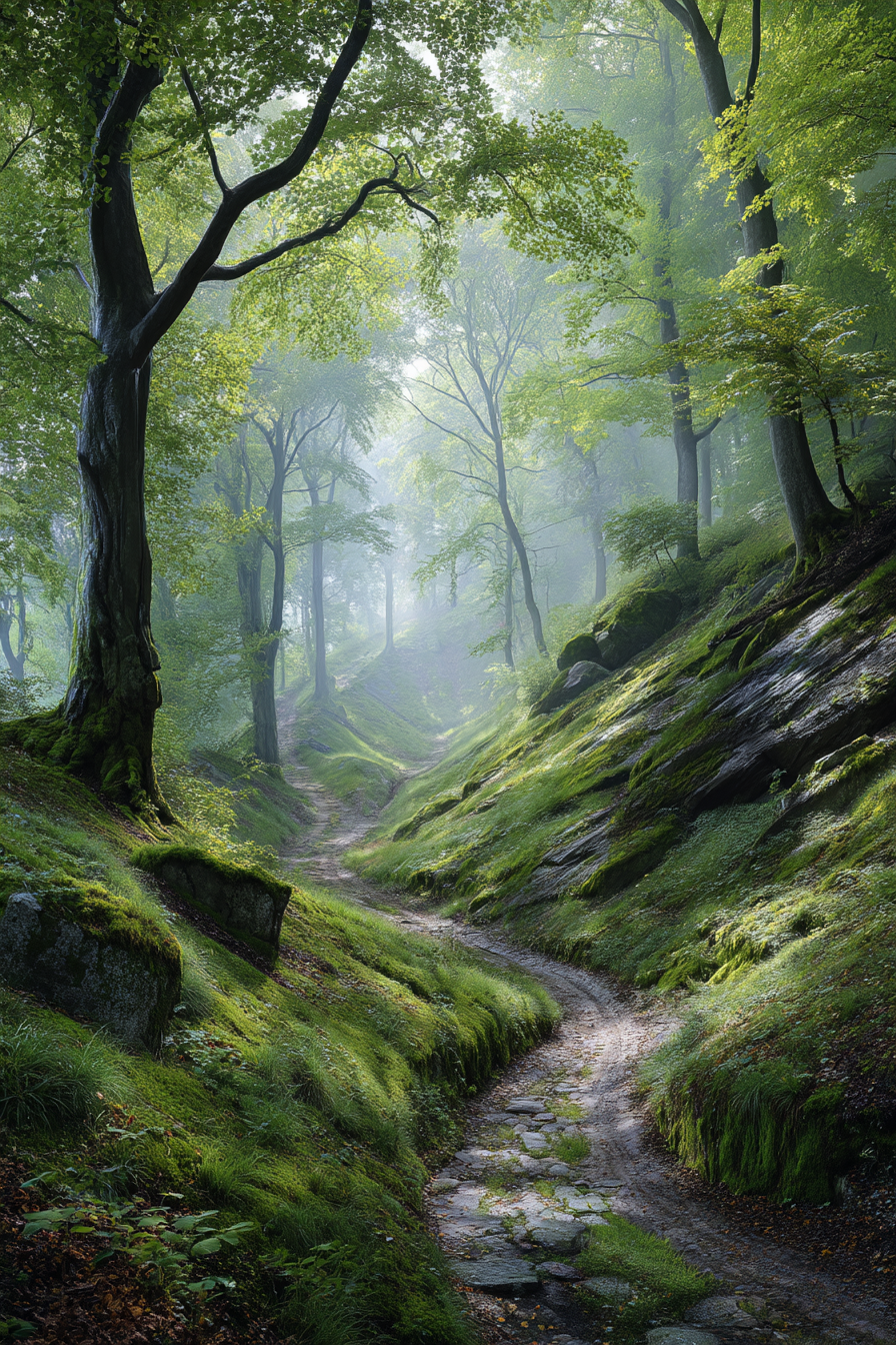 Wälder Und Wiesen Friedlicher Waldweg Mit Grünem Licht Und Nebel | Waelder und Wiesen | Landschaften