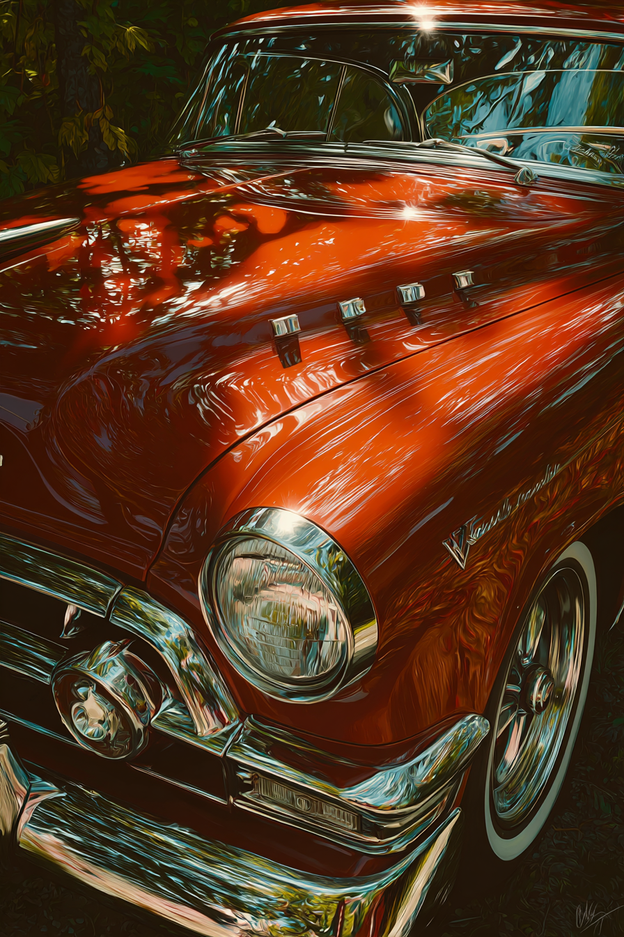 Wälder Und Wiesen Klassisches Auto Schillernd Rot Mit Chromdetails Vintage Hintergrund | Waelder und Wiesen | Landschaften