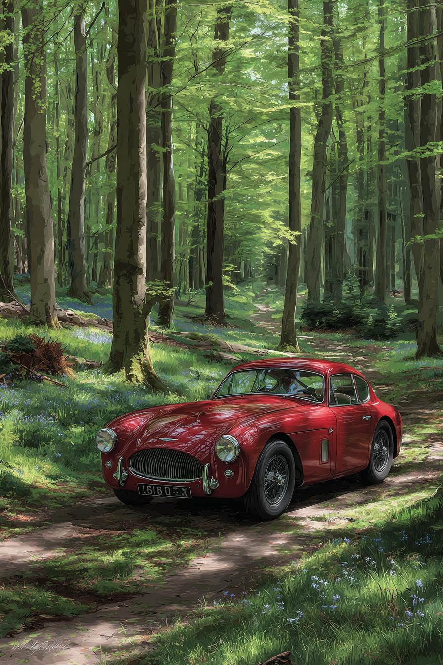 Wälder Und Wiesen Klassisches Rotes Auto Im Waldweg Lebendige Szene | Waelder und Wiesen | Landschaften