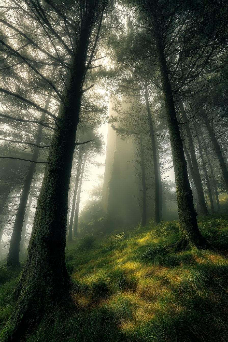 Wälder Und Wiesen Nebliger Wald Mit Turm Im Hintergrund Tranquil Atmosphäre | Waelder und Wiesen | Landschaften