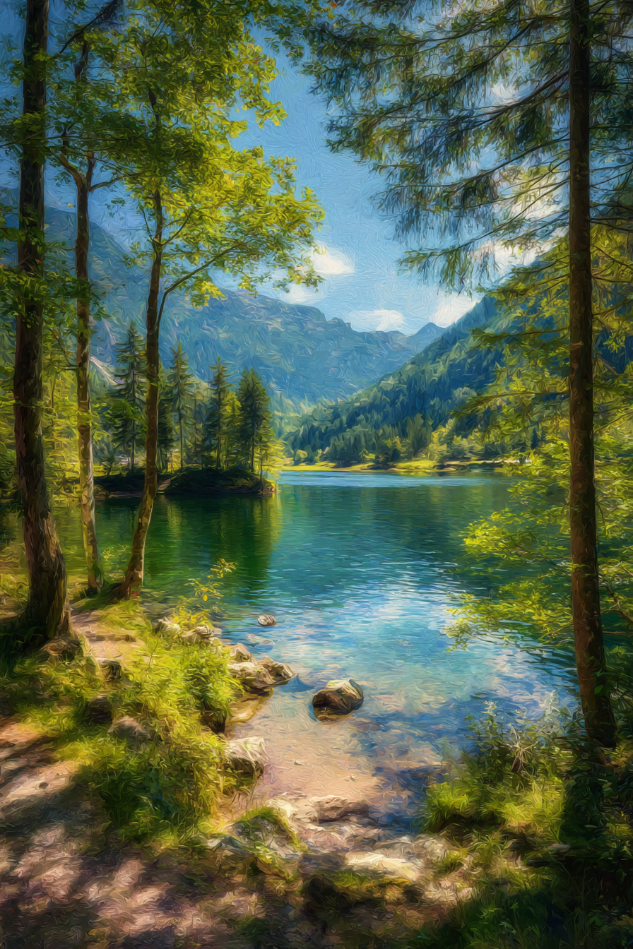 Wälder Und Wiesen Ruhige Landschaft Mit See Umgeben Von Grünen Bäumen Und Bergen | Waelder und Wiesen | Landschaften