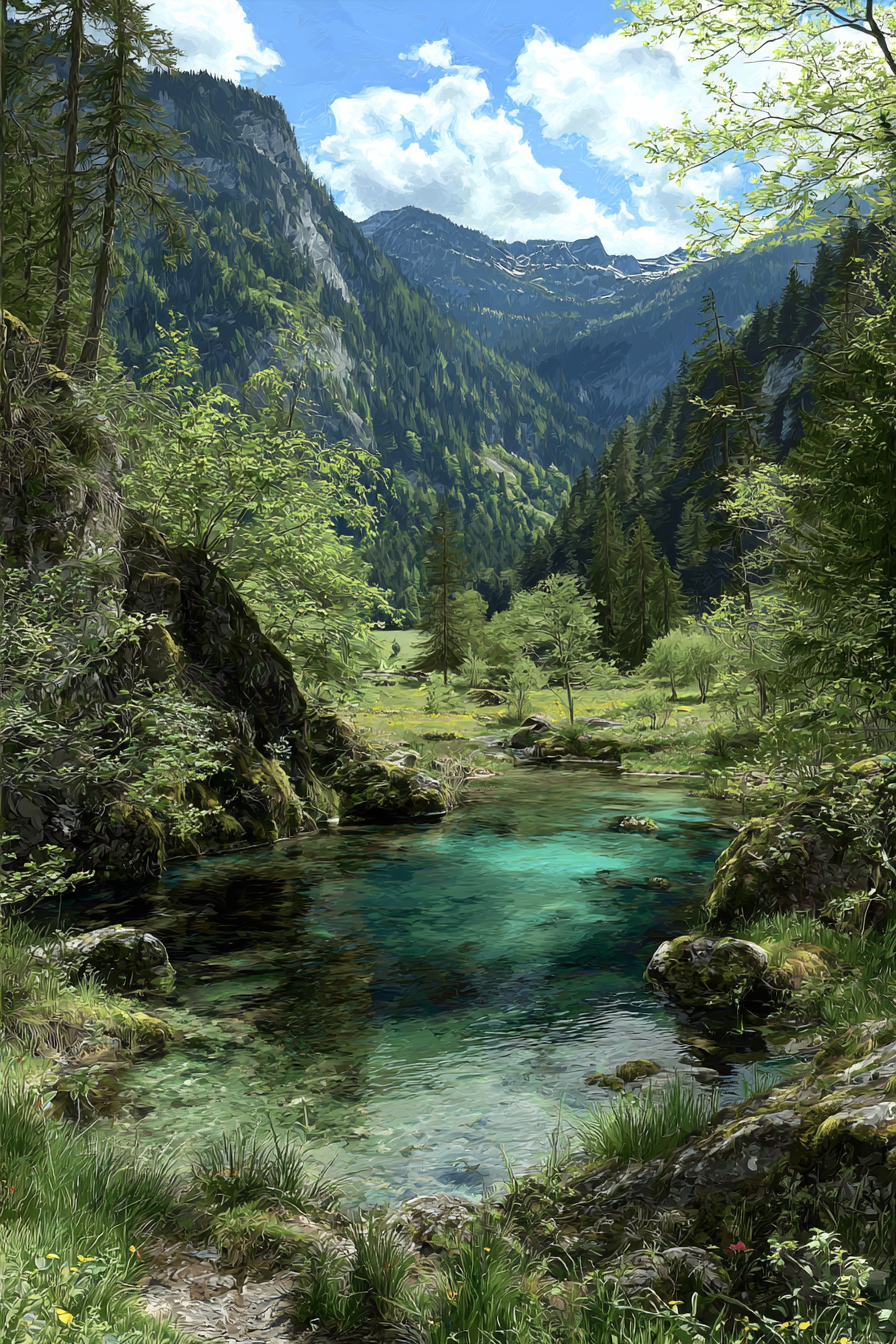 Wälder Und Wiesen Ruhige Natur Landschaft Mit Wasser Bäumen Und Bergen | Waelder und Wiesen | Landschaften