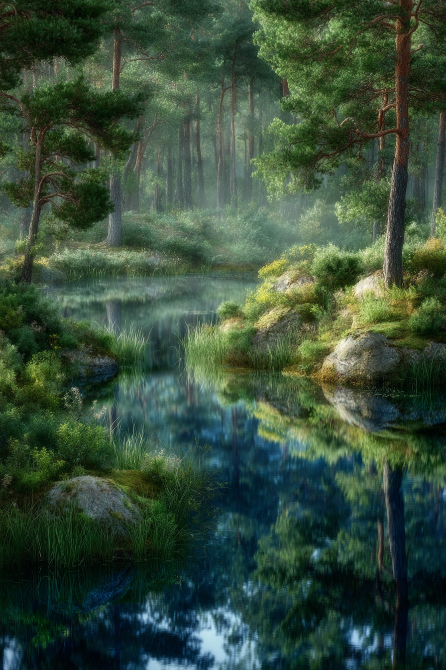 Wälder Und Wiesen Ruhiger Natur Landschaft Mit See Und Nebel | Waelder und Wiesen | Landschaften