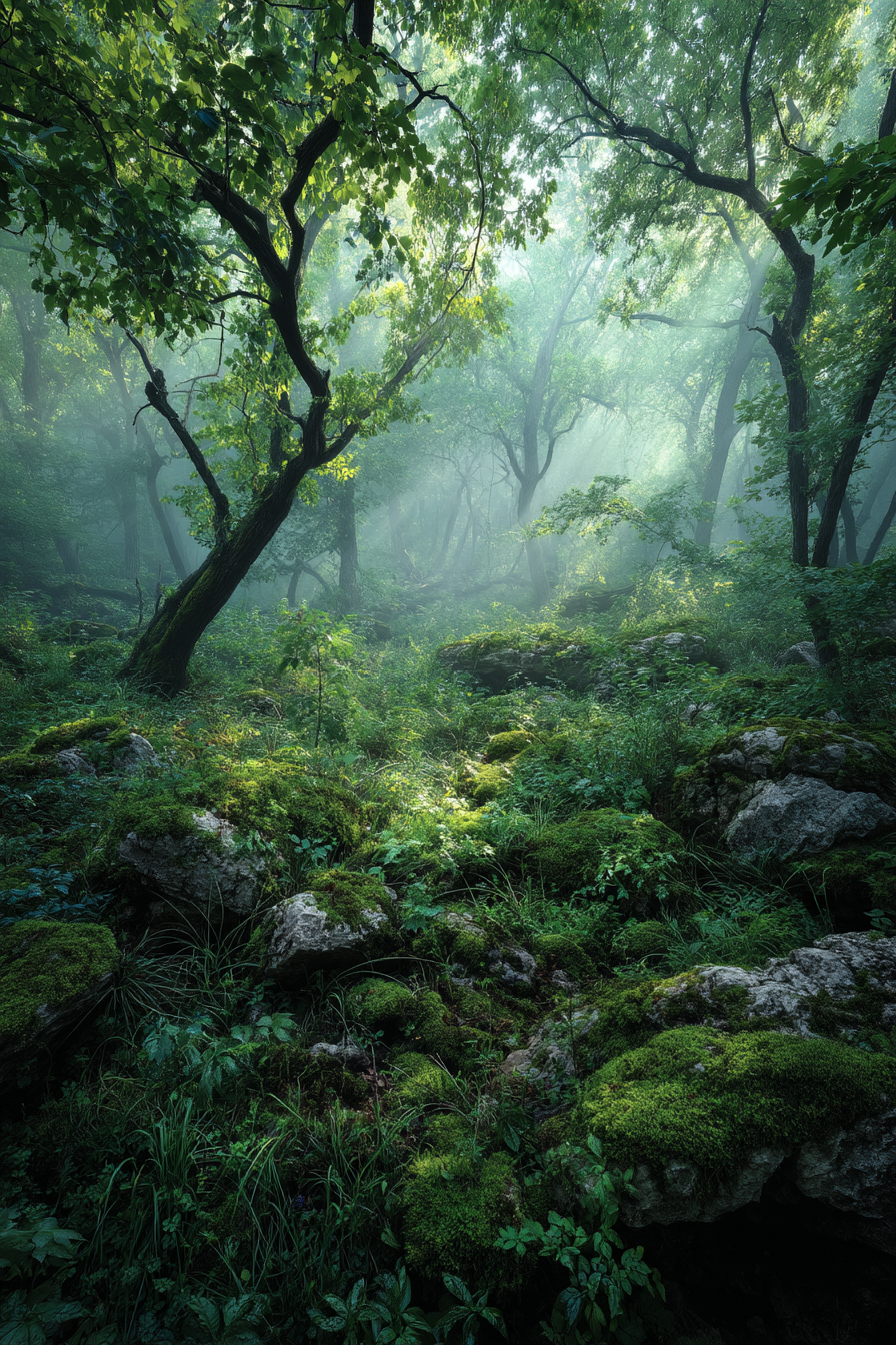 Wälder Und Wiesen Ruhiger Wald Im Nebel Mit Grünen Bäumen Und Moosbedeckten Steinen | Waelder und Wiesen | Landschaften