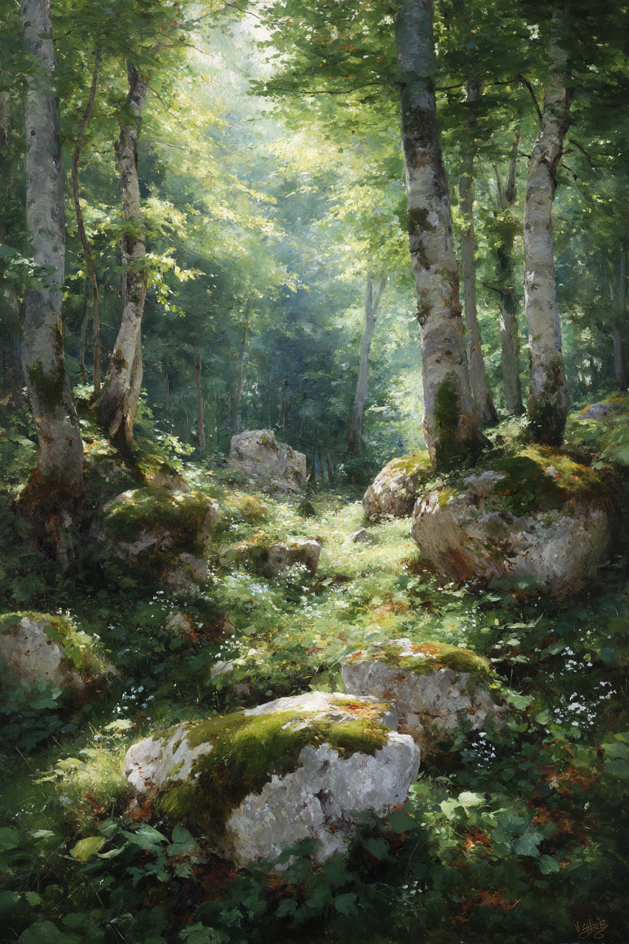 Wälder Und Wiesen Ruhiger Wald Mit Grünem Bewuchs Und Moosbedeckten Felsen | Waelder und Wiesen | Landschaften