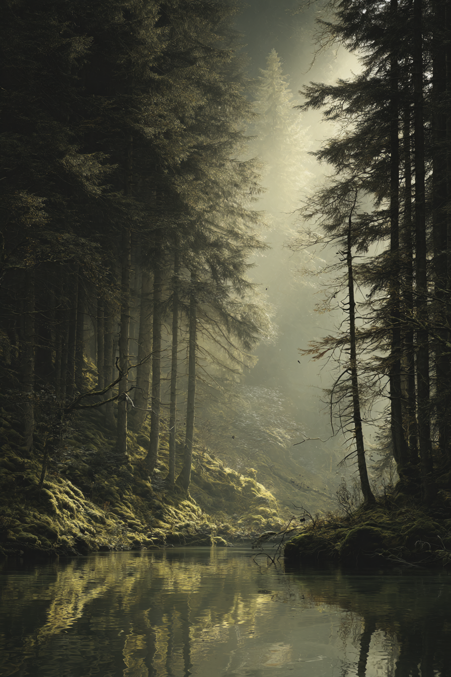 Wälder Und Wiesen Ruhiger Wald Mit Licht Reflexionen Und Nebel | Waelder und Wiesen | Landschaften