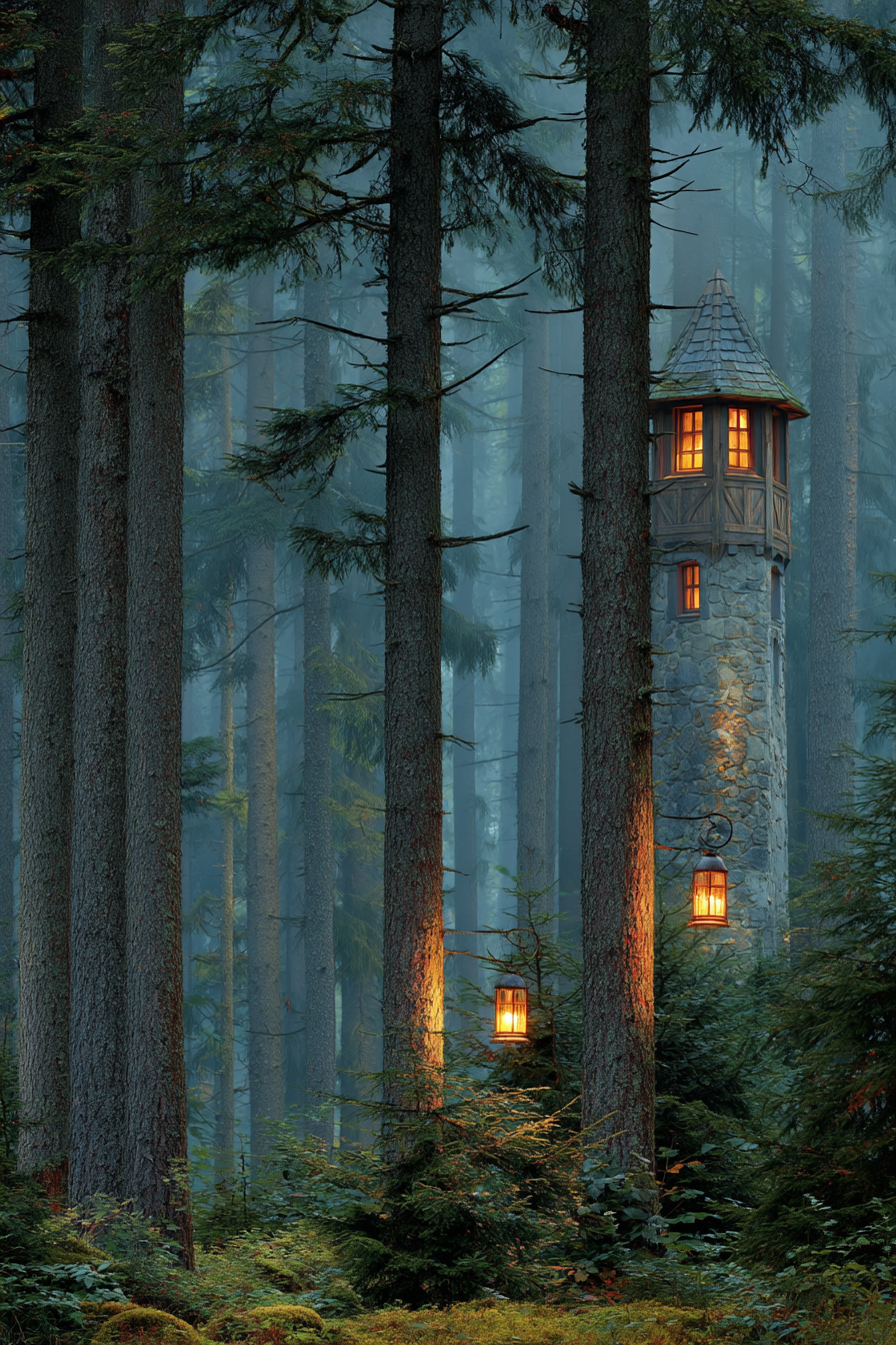Wälder Und Wiesen Ruhiger Wald Mit Stein Turm Und Leuchtern | Waelder und Wiesen | Landschaften