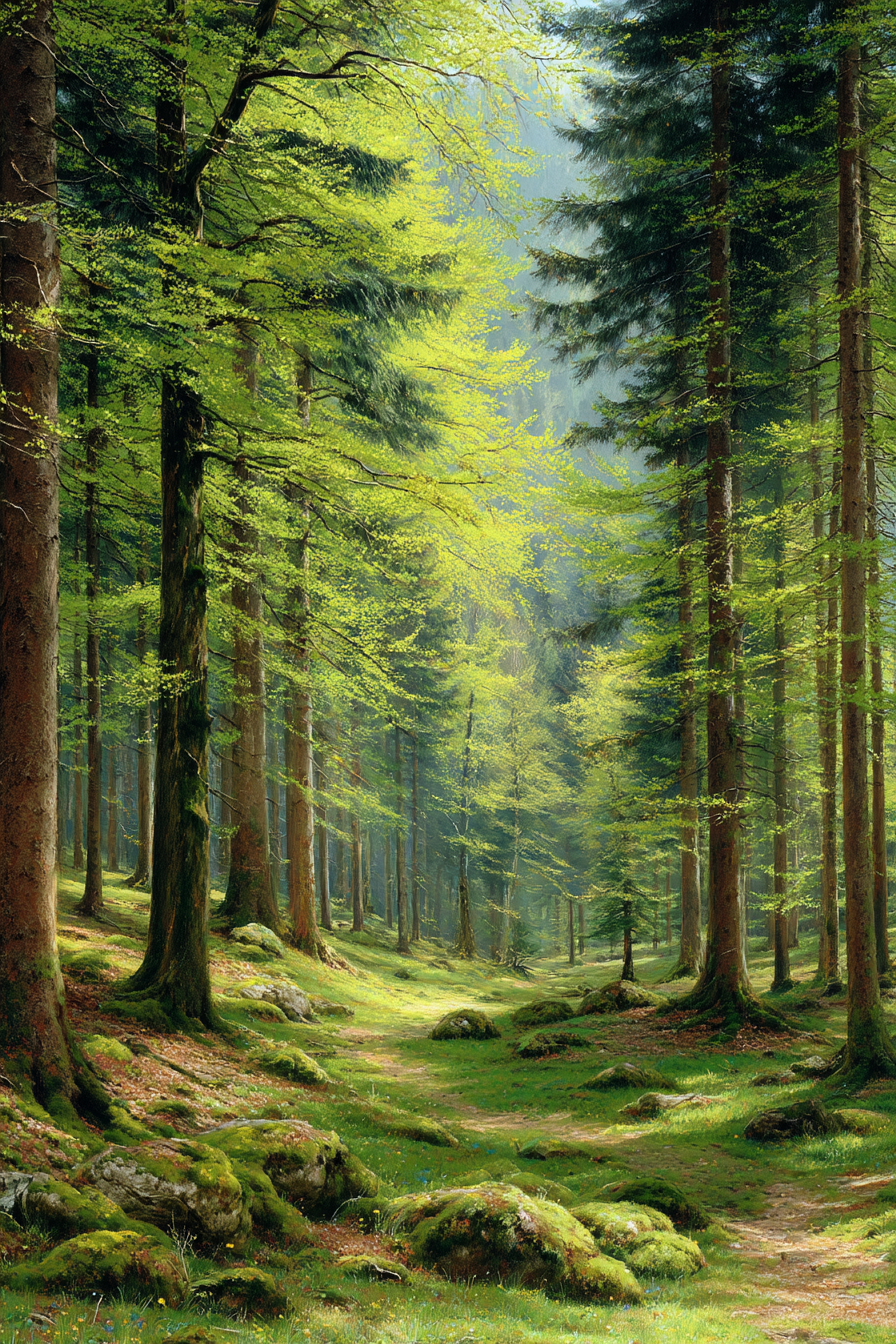 Wälder Und Wiesen Ruhiger Wald Szenen Mit Grünen Bäumen Und Sonnenlicht | Waelder und Wiesen | Landschaften