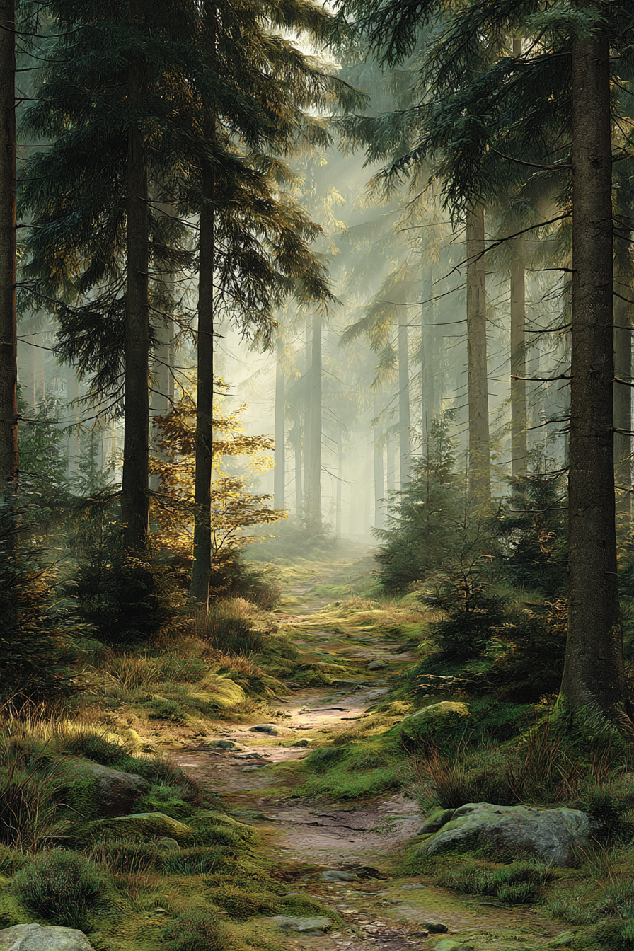 Wälder Und Wiesen Ruhiger Wald Szenen Mit Sonneneinstrahlung Und Windendem Weg | Waelder und Wiesen | Landschaften