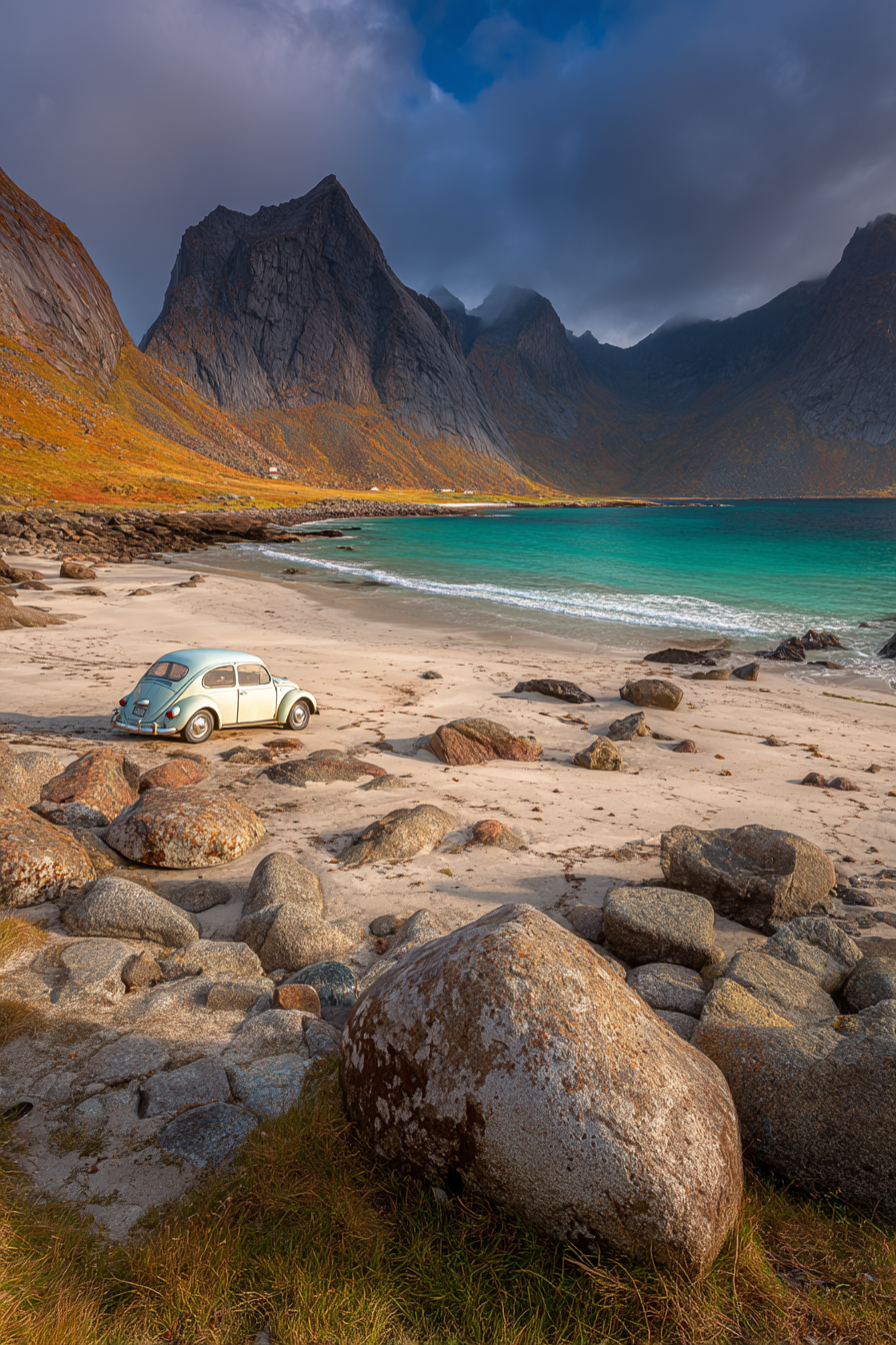 Wälder Und Wiesen Vintage Auto Am Strand Mit Felsen Und Bergen Turquoise Wasser Ruhige Stimmung | Waelder und Wiesen | Landschaften