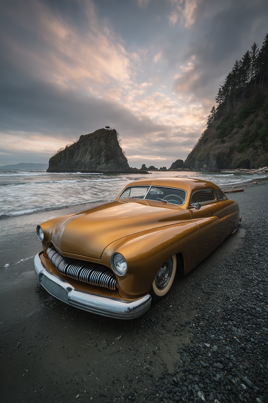 Wälder Und Wiesen Vintage Auto Am Strand Mit Felsen Und Bewölkt Am Himmel | Waelder und Wiesen | Landschaften