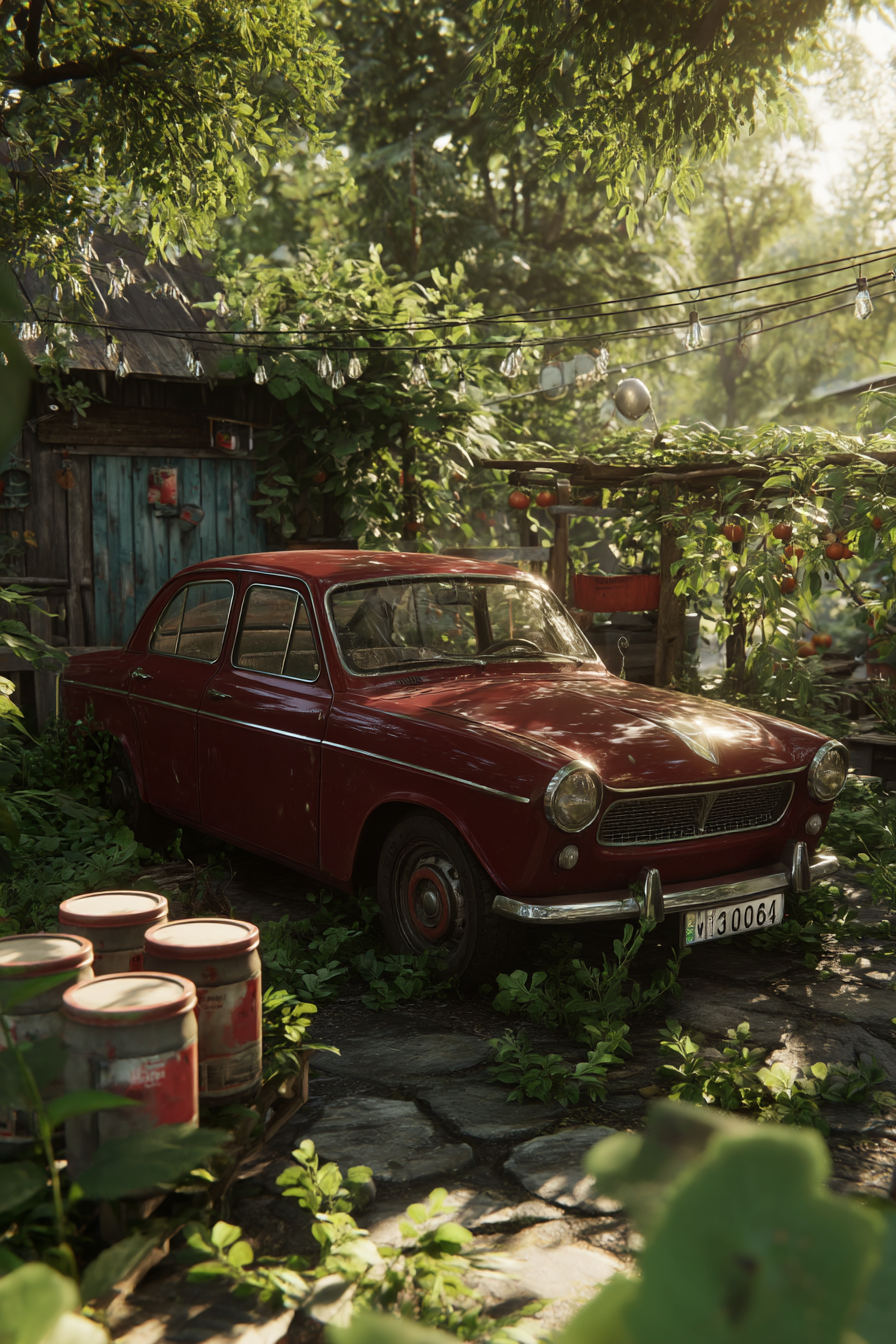 Wälder Und Wiesen Vintage Rotes Auto Umgeben Von Grünen Pflanzen In Rustikalem Garten | Waelder und Wiesen | Landschaften