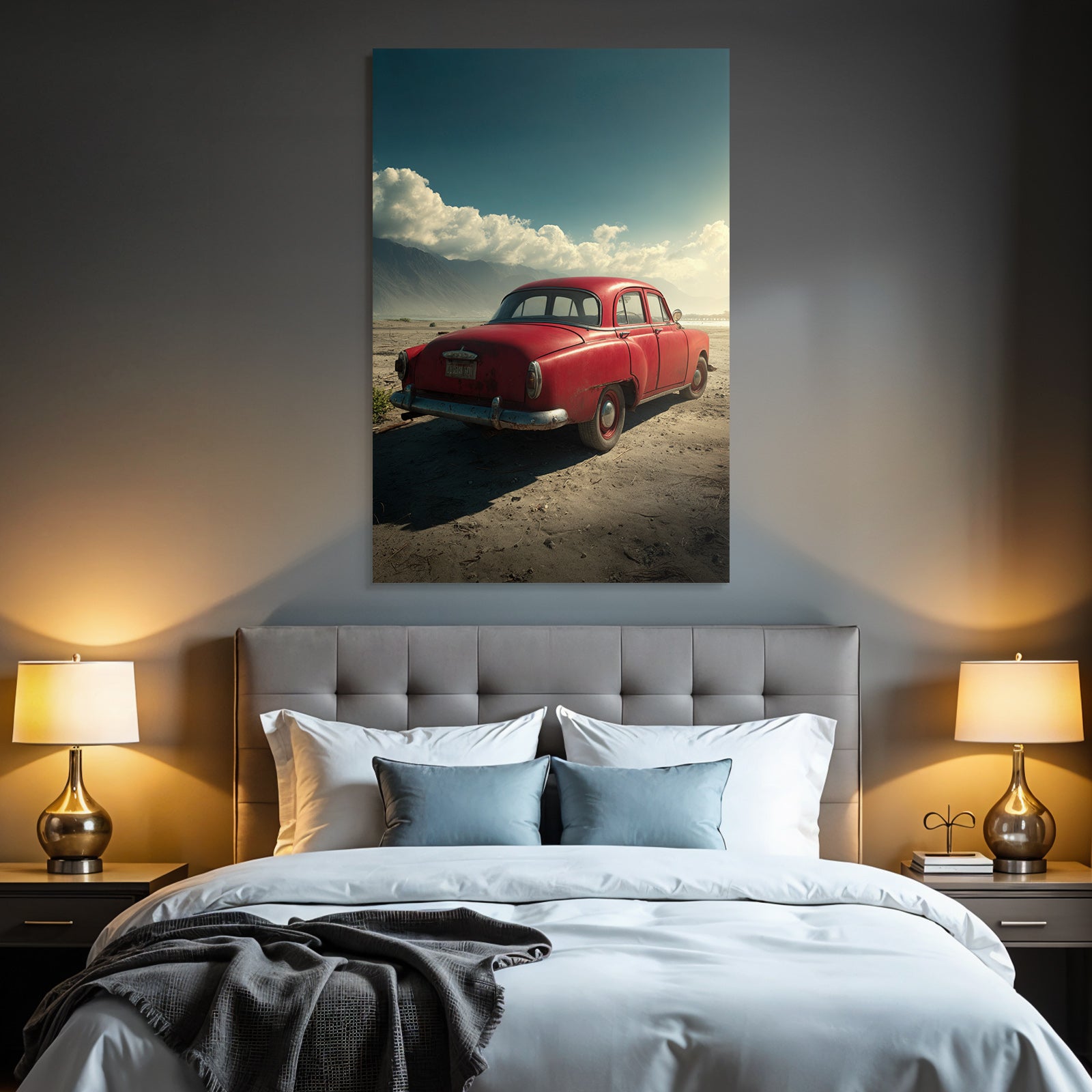 Forests and meadows. Unplugged red car in the sand with mountains and cloudy sky.