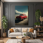 Forests and meadows. Unplugged red car in the sand with mountains and cloudy sky.