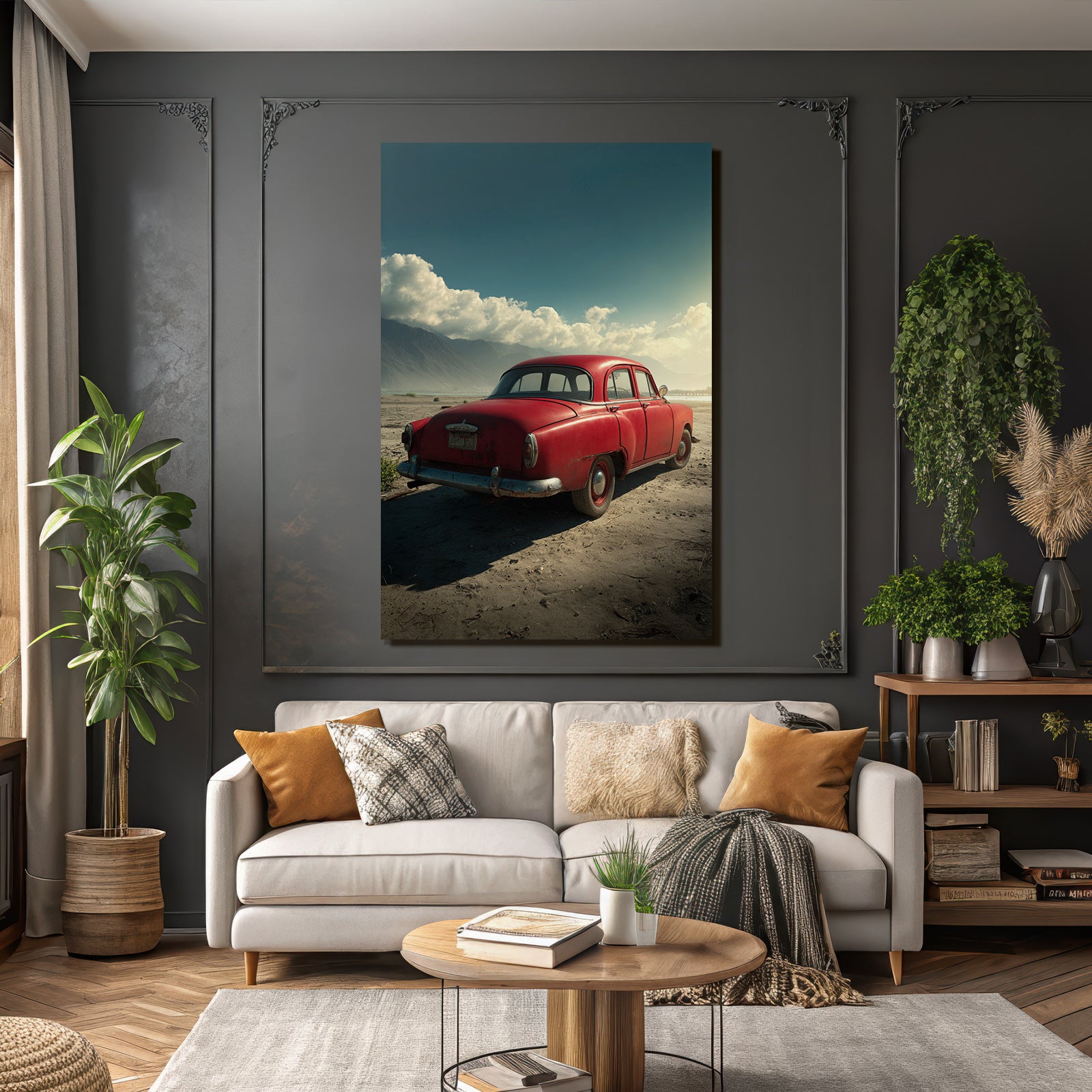 Forests and meadows. Unplugged red car in the sand with mountains and cloudy sky.