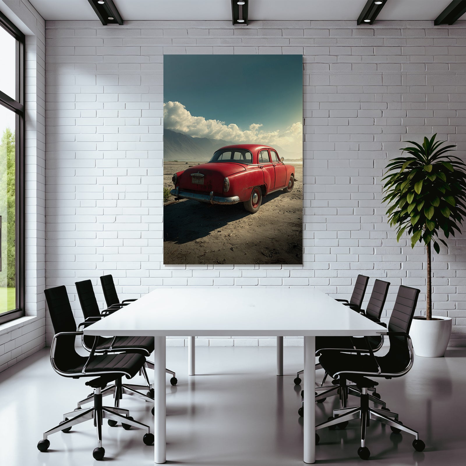 Forests and meadows. Unplugged red car in the sand with mountains and cloudy sky.