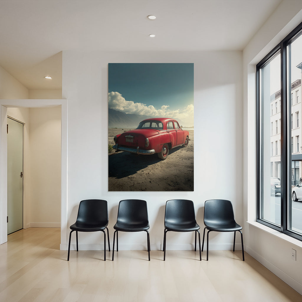 Forests and meadows. Unplugged red car in the sand with mountains and cloudy sky.