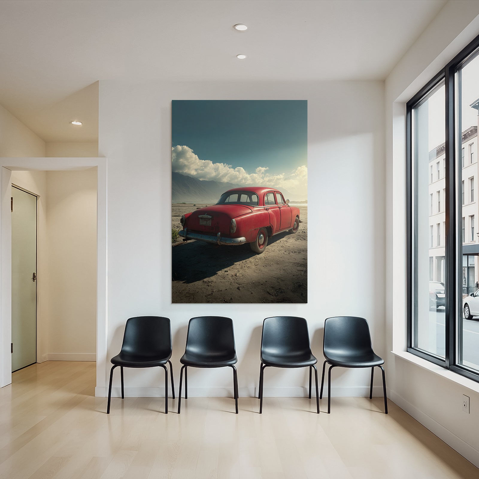 Forests and meadows. Unplugged red car in the sand with mountains and cloudy sky.