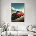 Forests and meadows. Unplugged red car in the sand with mountains and cloudy sky.
