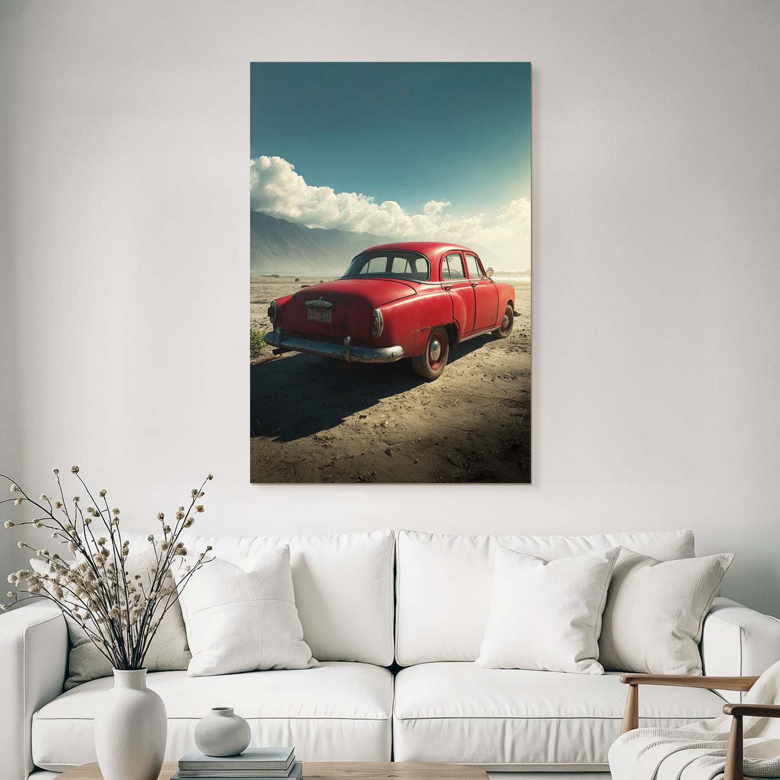 Forests and meadows. Unplugged red car in the sand with mountains and cloudy sky.