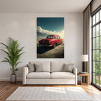 Forests and meadows. Unplugged red car in the sand with mountains and cloudy sky.