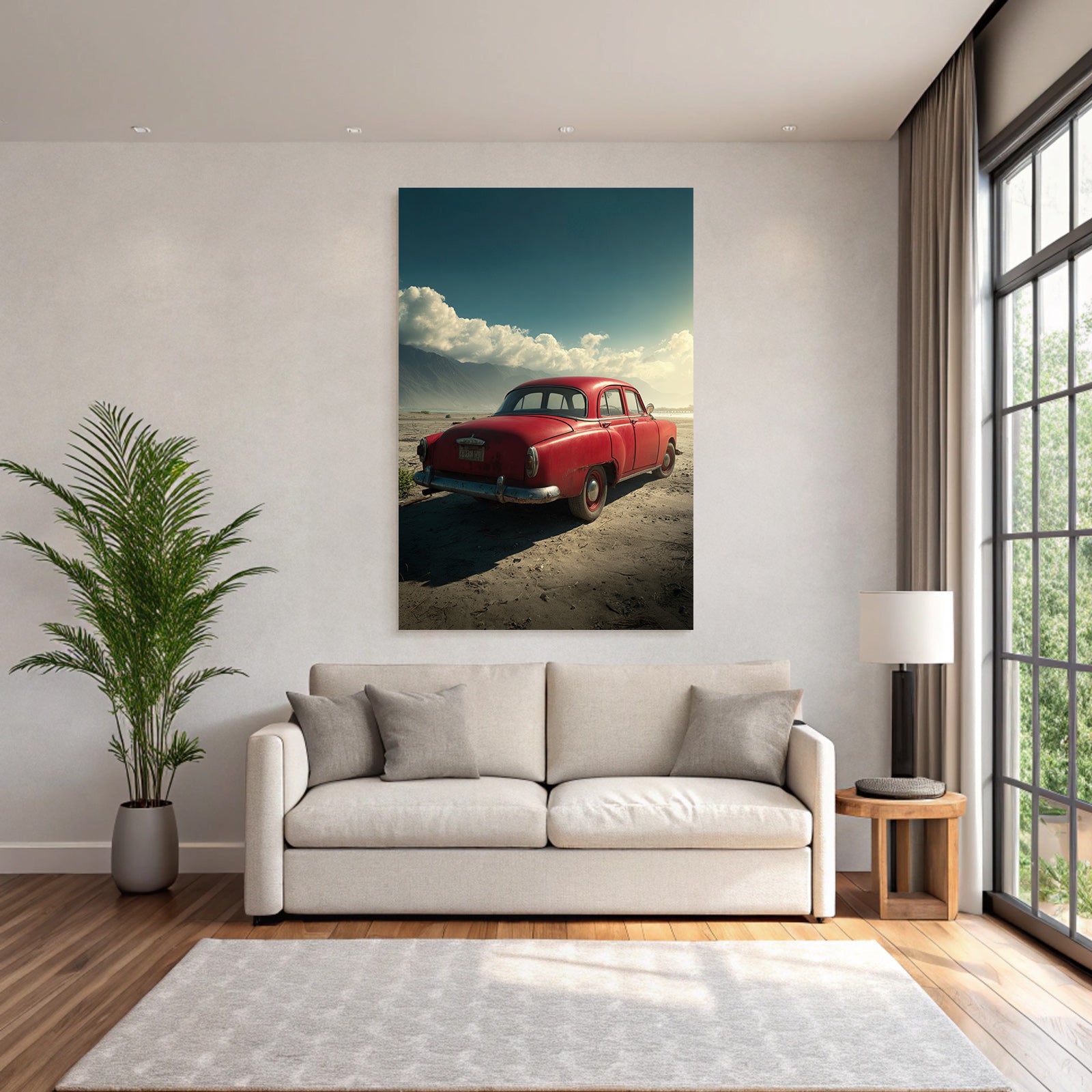 Forests and meadows. Unplugged red car in the sand with mountains and cloudy sky.