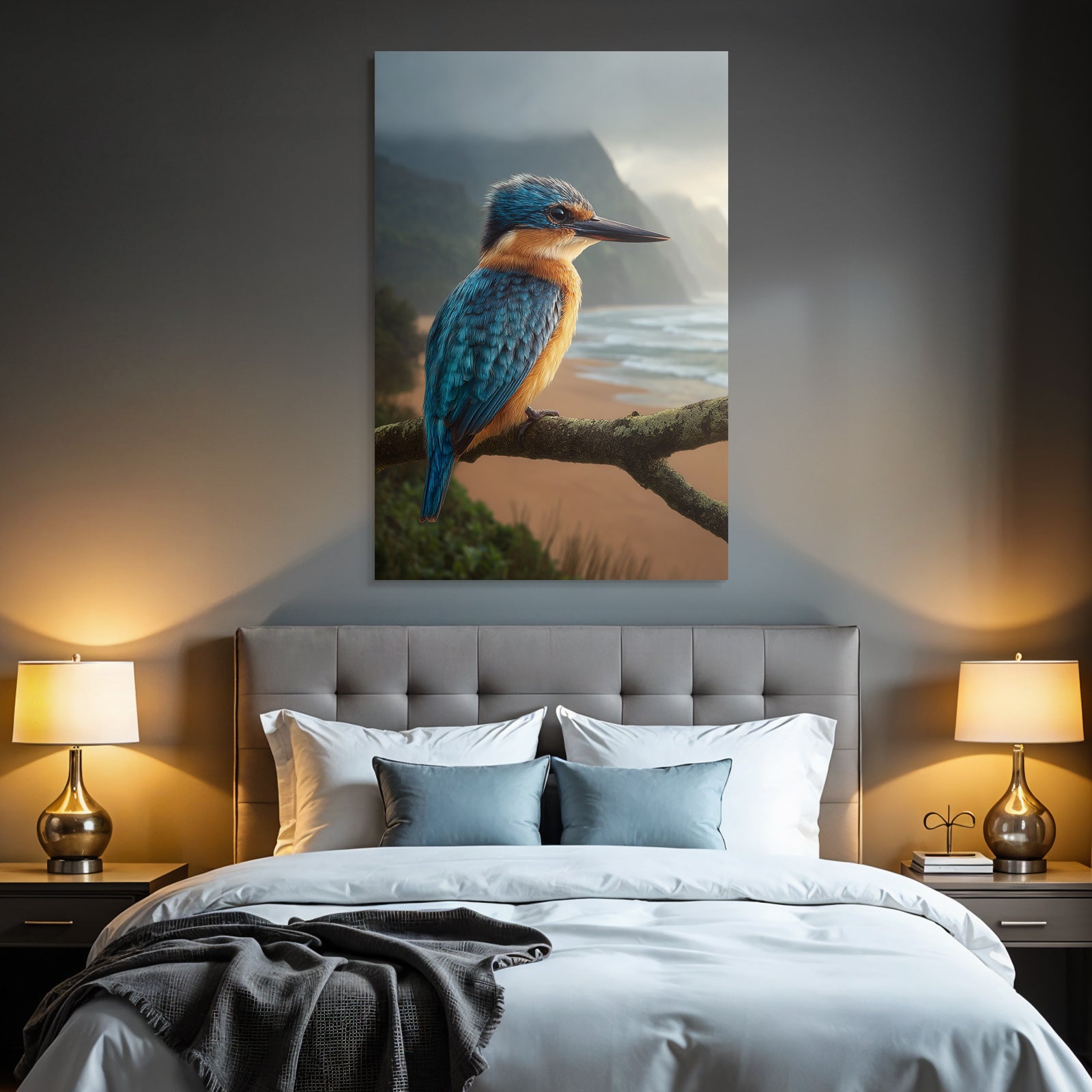 Forests and meadows Colorful kingfisher on branch against coast at sunrise