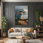 Forests and meadows Colorful kingfisher on branch against coast at sunrise