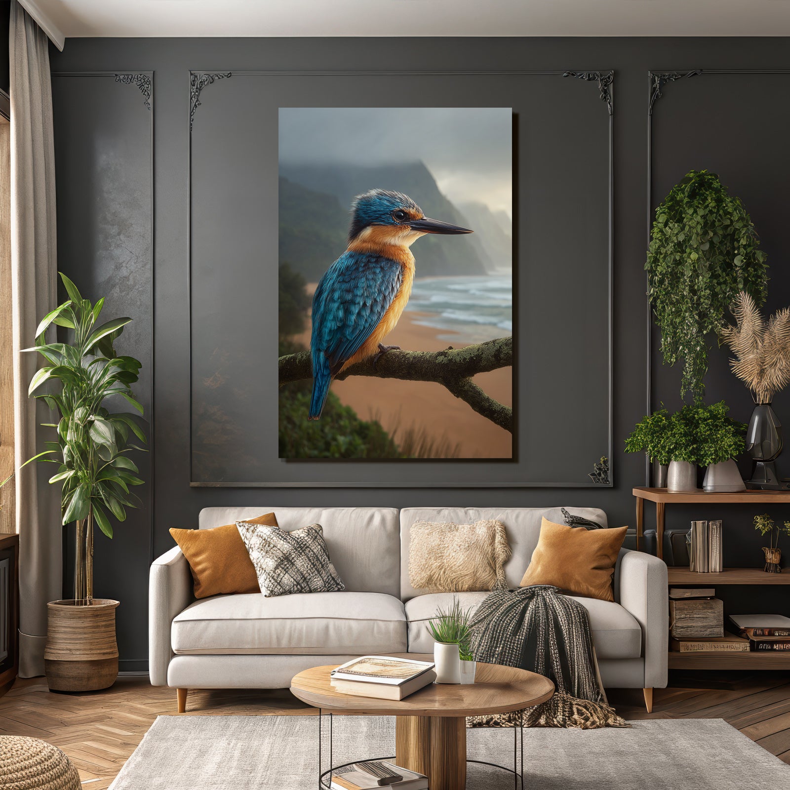 Forests and meadows Colorful kingfisher on branch against coast at sunrise