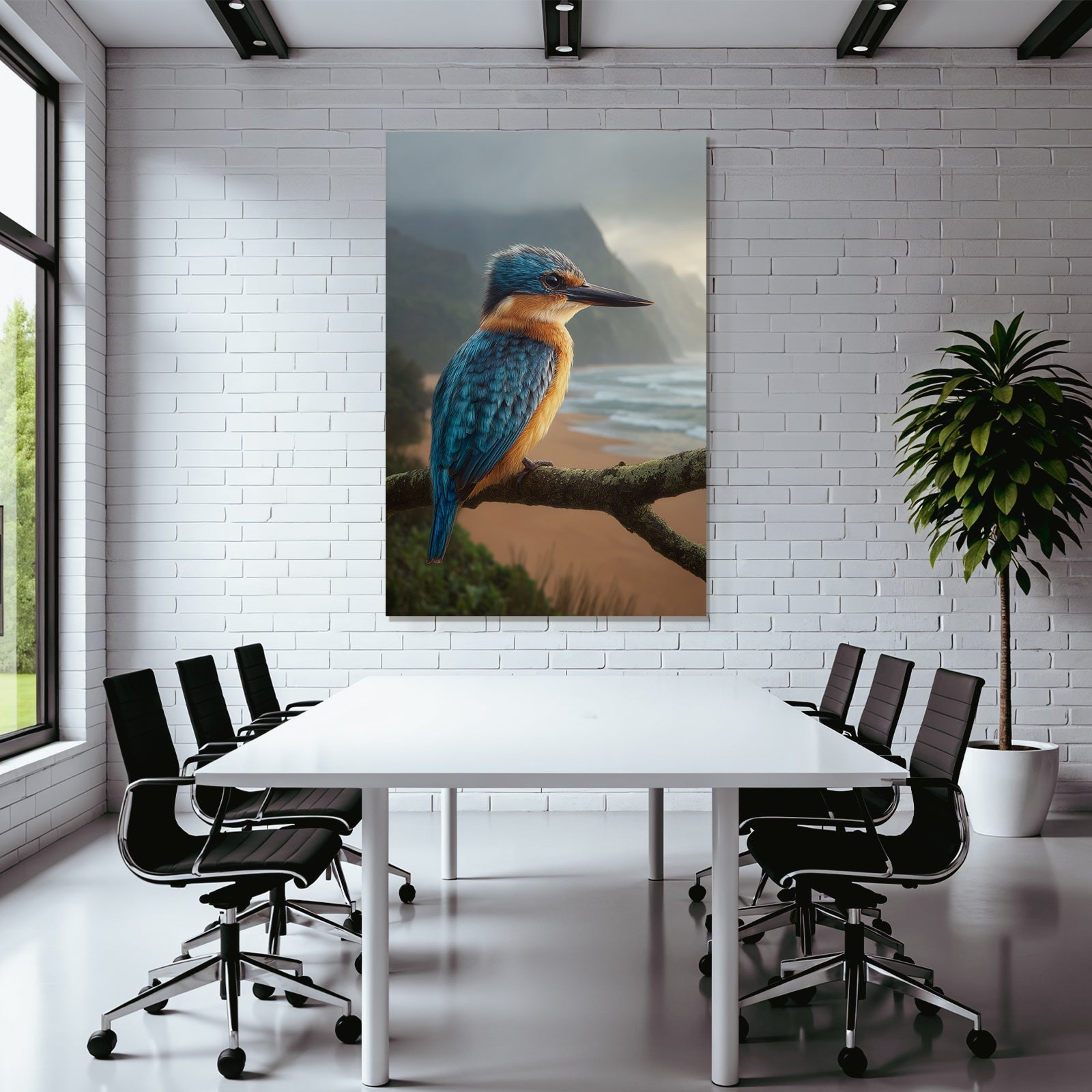 Forests and meadows Colorful kingfisher on branch against coast at sunrise