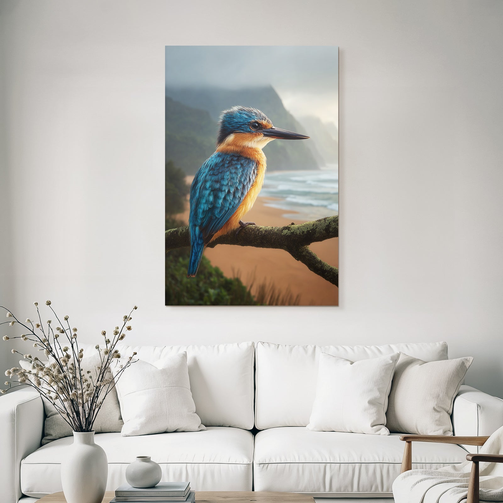 Forests and meadows Colorful kingfisher on branch against coast at sunrise