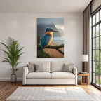 Forests and meadows Colorful kingfisher on branch against coast at sunrise