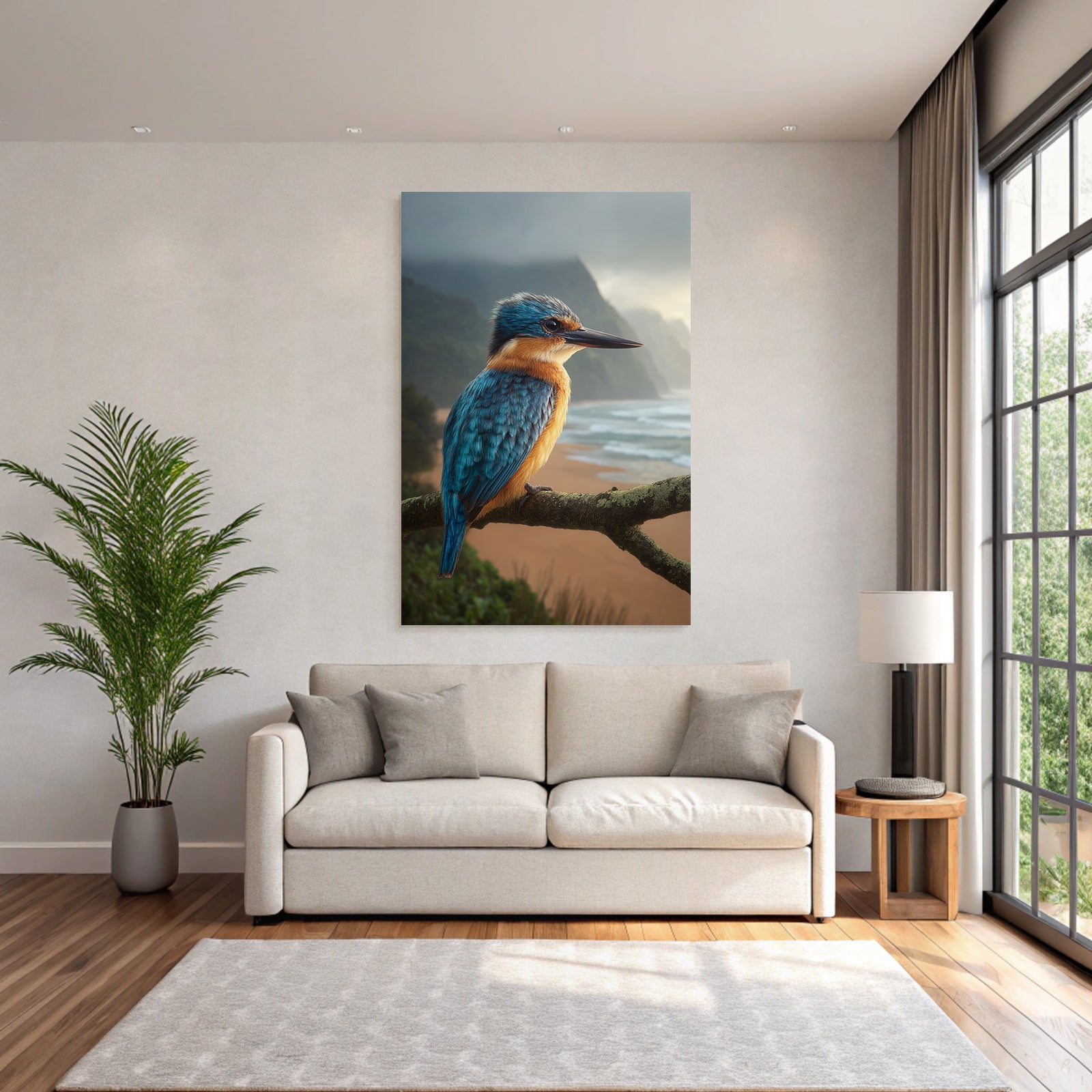Forests and meadows Colorful kingfisher on branch against coast at sunrise