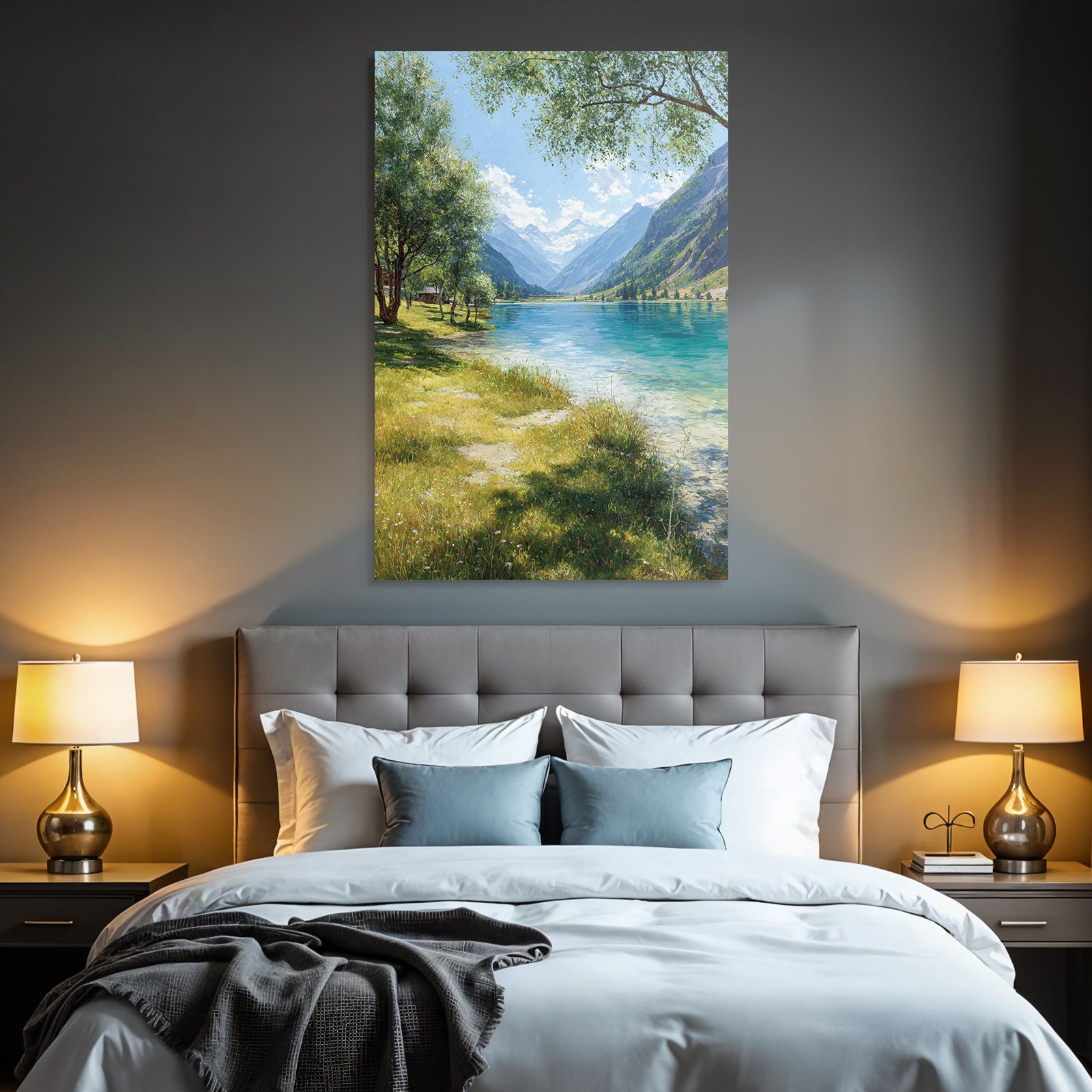 Forests and meadows, peaceful landscape with lake and mountains