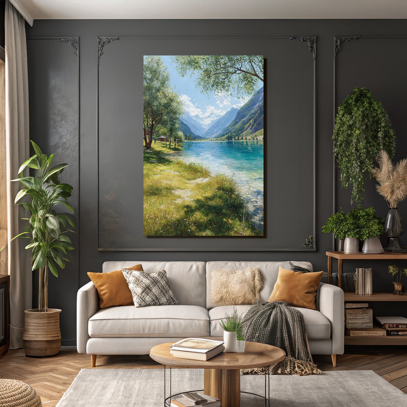 Forests and meadows, peaceful landscape with lake and mountains