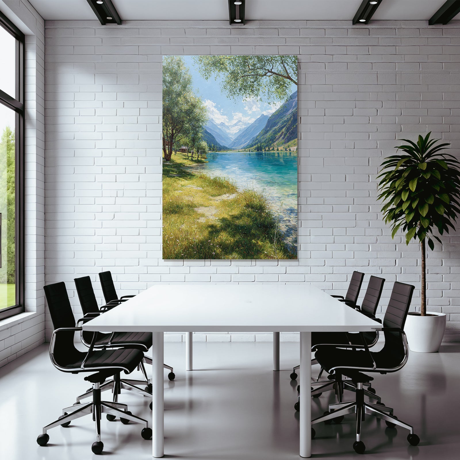 Forests and meadows, peaceful landscape with lake and mountains