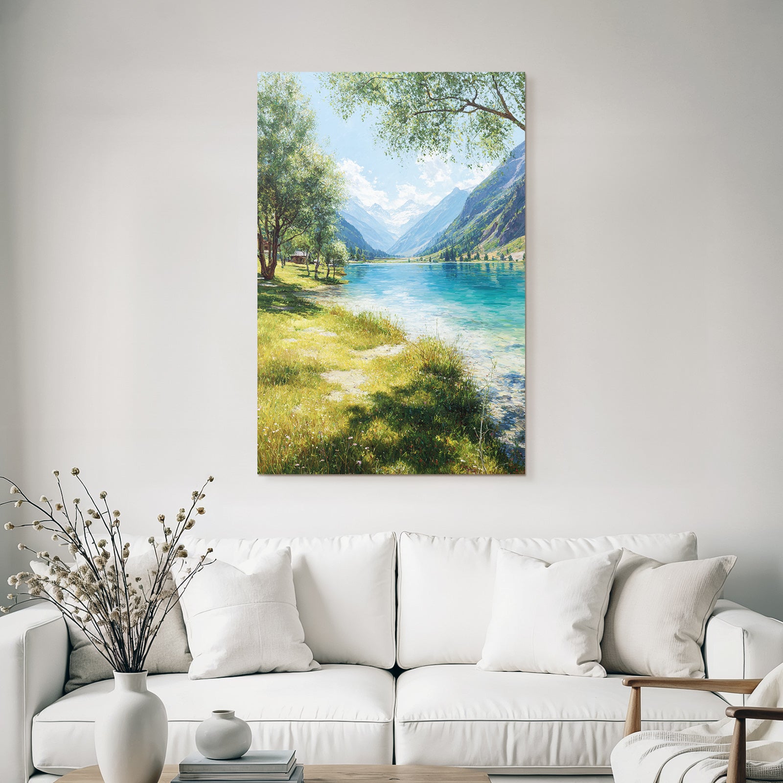 Forests and meadows, peaceful landscape with lake and mountains