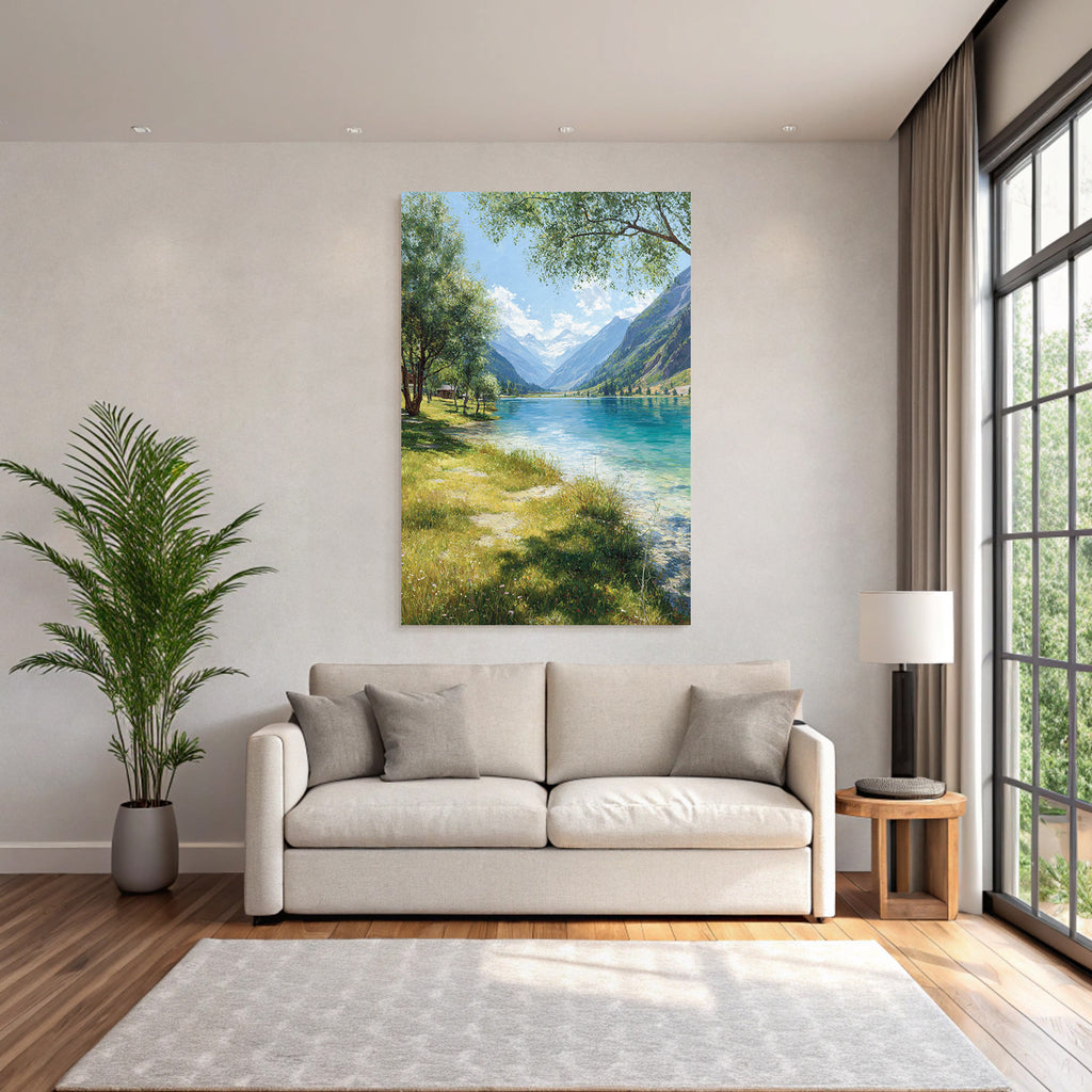 Forests and meadows, peaceful landscape with lake and mountains