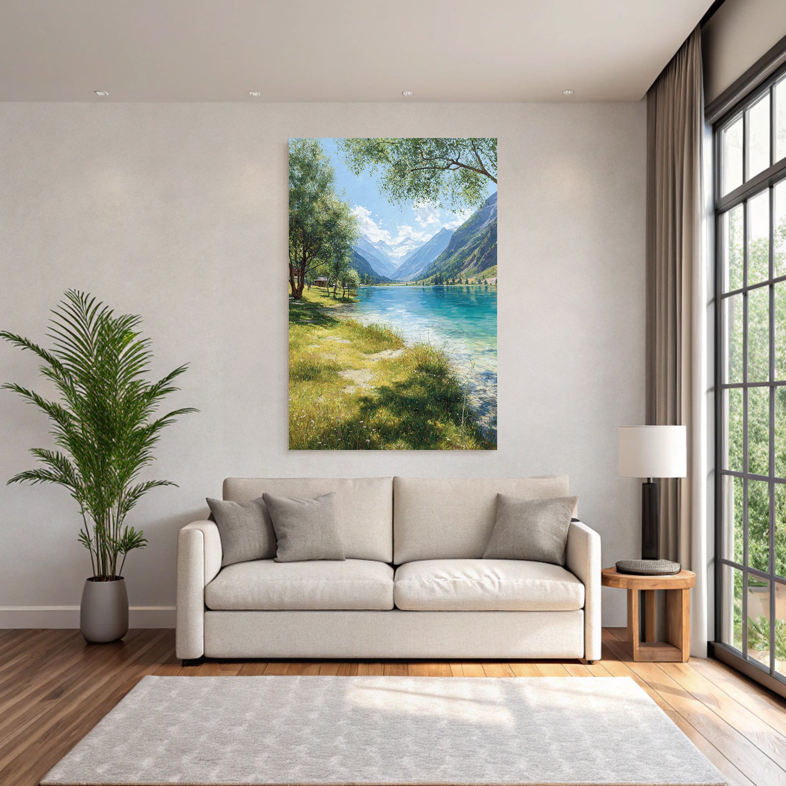 Forests and meadows, peaceful landscape with lake and mountains