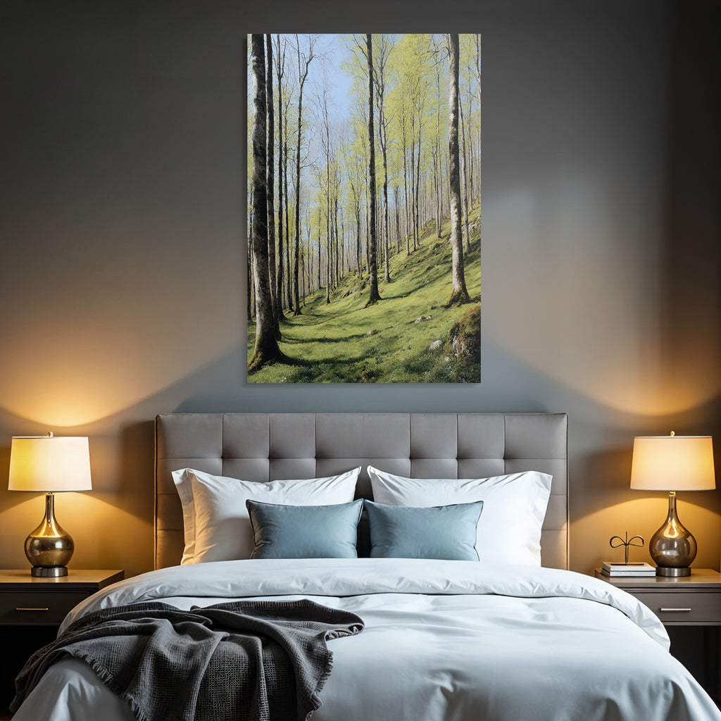 Forests and meadows Peaceful forest with trees and blue flowers Spring